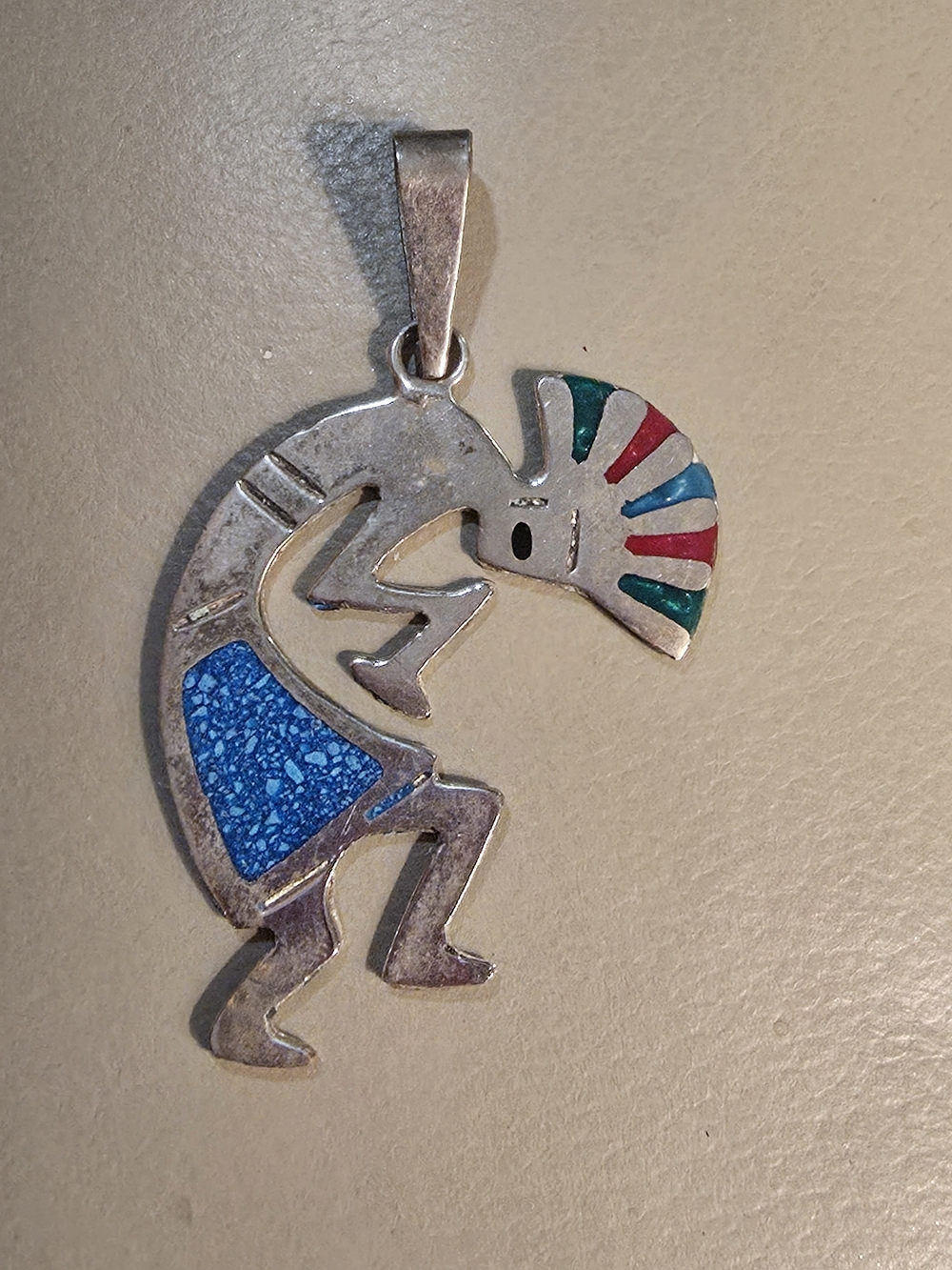 Vintage Sterling Silver 925 Mexico Kokopelli Inlay Pendant Necklace Charm